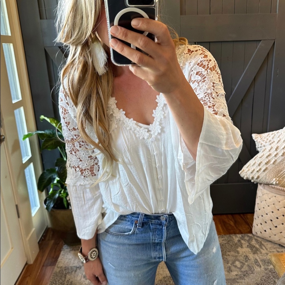 New White Cotton Lace 3/4 Sleeve Button Front Floral Romantic Blouse Top Shirt - Picture 4 of 7